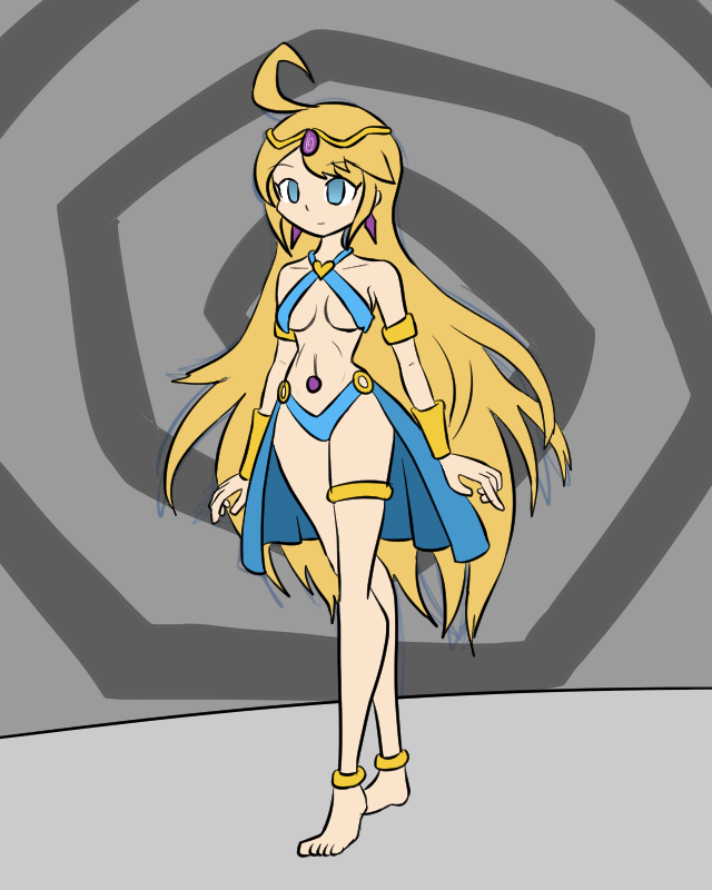 ahoge barefoot blonde_hair blue_eyes breasts dancer dragalia_lost empty_eyes feet female_only femsub happy_trance harem_outfit hypnotic_clothing large_breasts long_hair mythkaz navel_piercing nintendo smile solo zethia