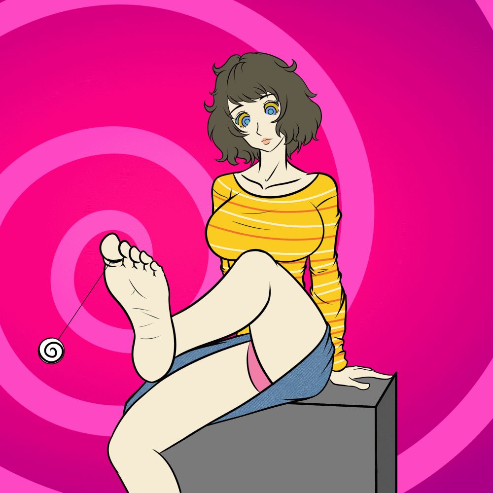 brown_hair clothed dazed feet female_only femsub foot_focus katsiika pendulum persona_(series) persona_5 sadayo_kawakami short_hair sitting spiral spiral_background spiral_eyes sweater underwear