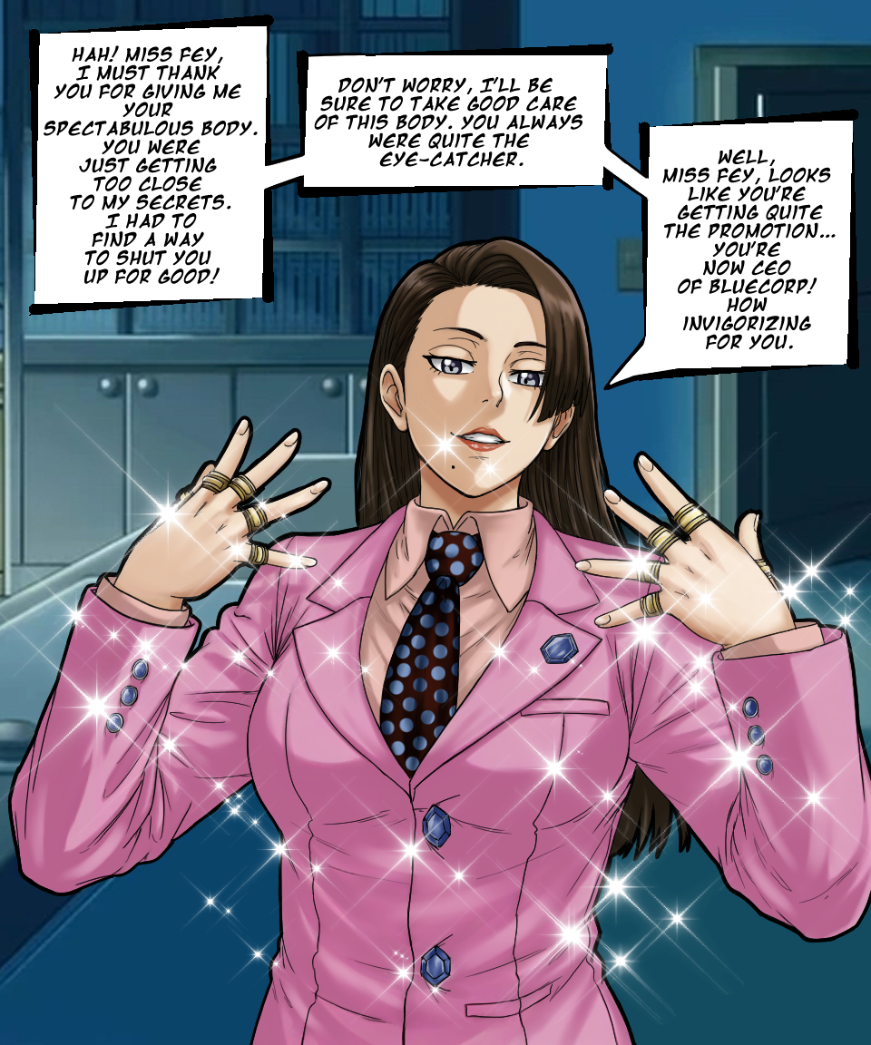 ace_attorney alternate_costume breasts brown_hair capcom comic cosplay english_text femsub grey_eyes happy_trance long_hair maledom mia_fey possession redd_white ring smile suit text umbra_callistis