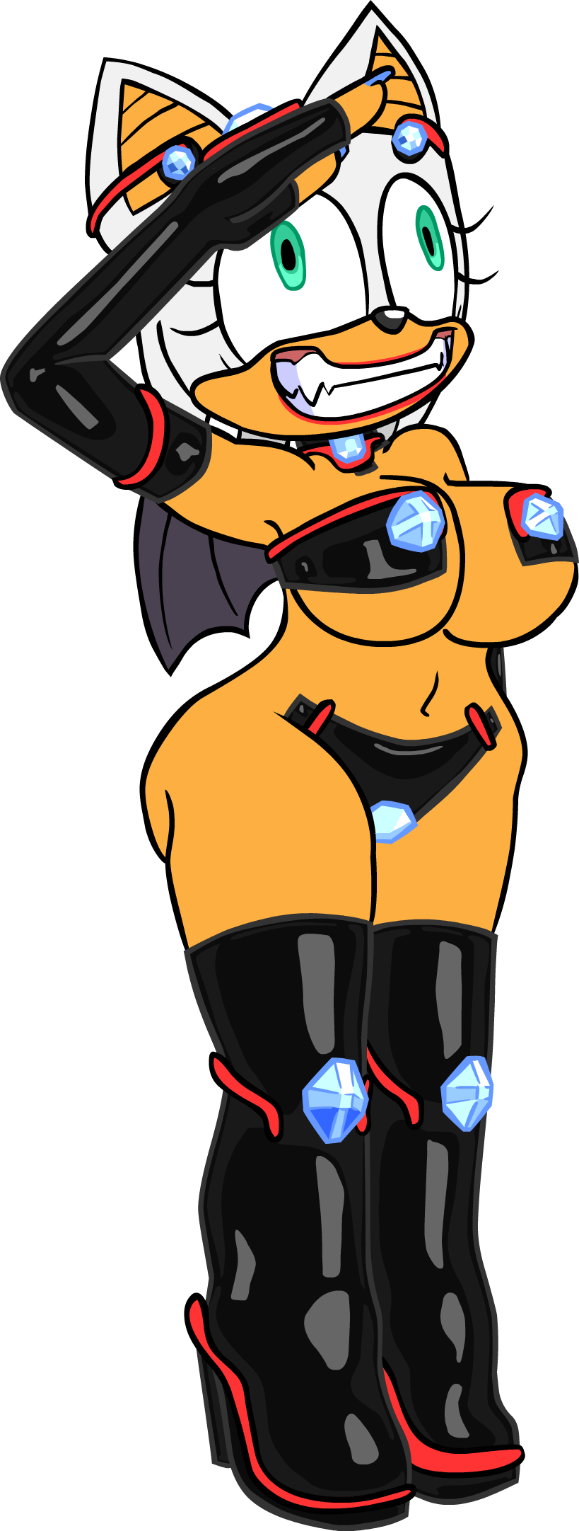bat_girl bat_wings empty_eyes femsub jewelry rouge_the_bat saluting shennanigma slavekini smile sonic_the_hedgehog_(series) standing standing_at_attention tech_control unfocused_eyes