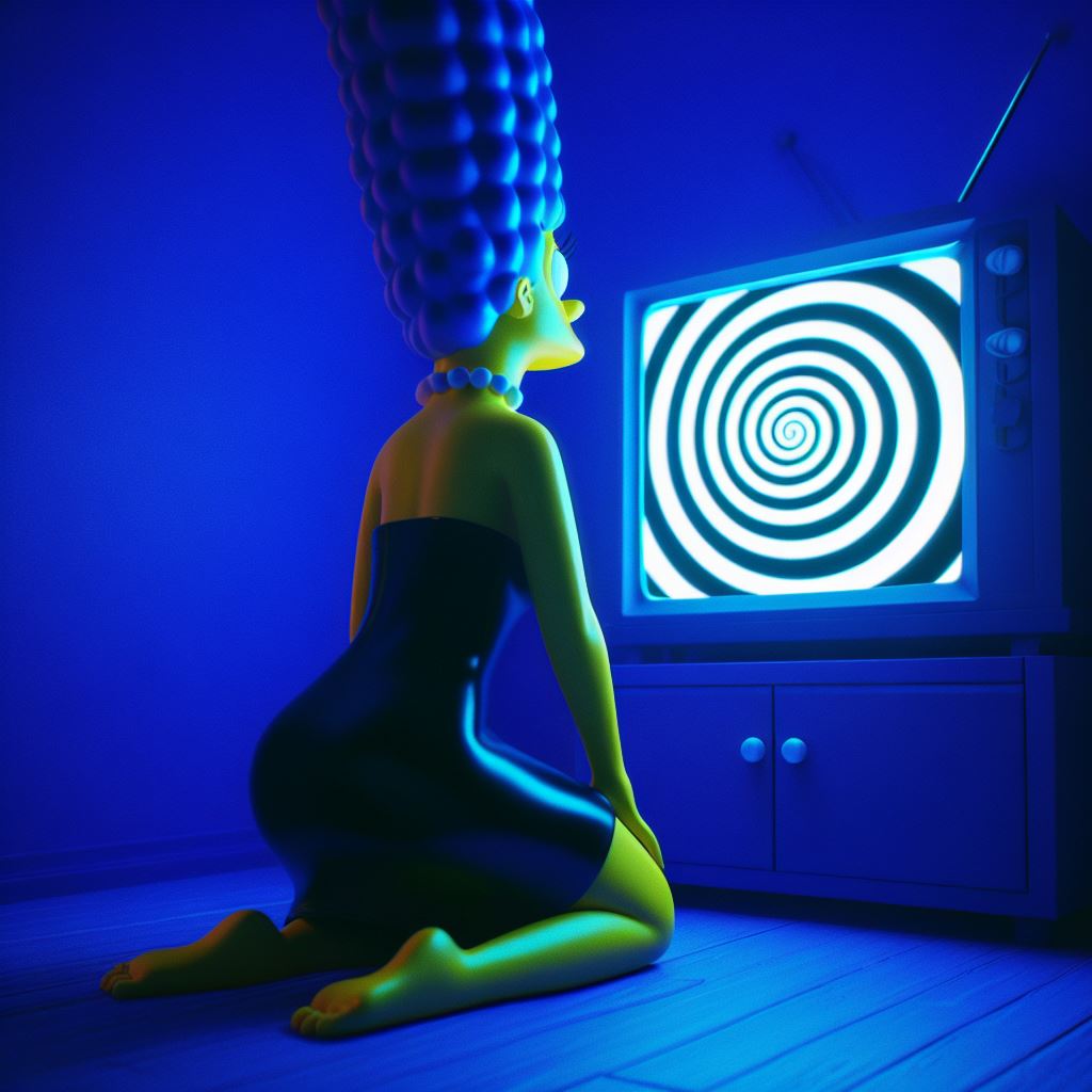 3d ai_art barefoot blue_hair femsub kneeling marge_simpson solo spiral tech_control the_simpsons tv yellow_skin