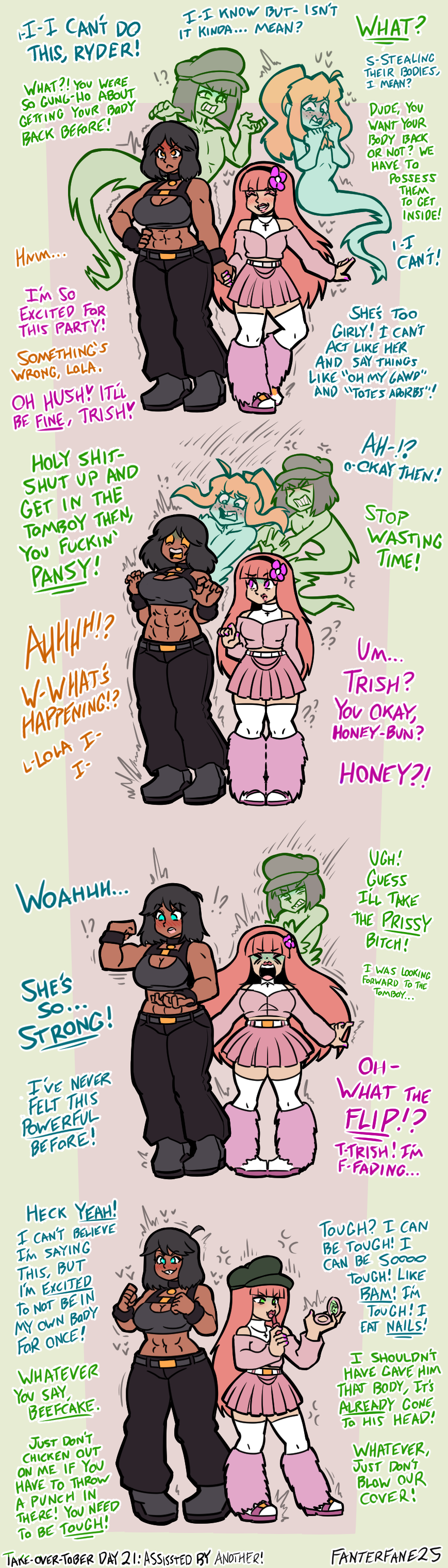 abs black_hair blush boots brown_hair collar dialogue english_text eye_color_change fanterfane fayne_(fanterfane) femsub flower flower_in_hair ghost hat lipstick long_hair maledom multiple_girls multiple_subs nail_polish navel necklace open_mouth orange_eyes original possession red_hair short_hair skirt smile surprised text thighhighs wrist_band