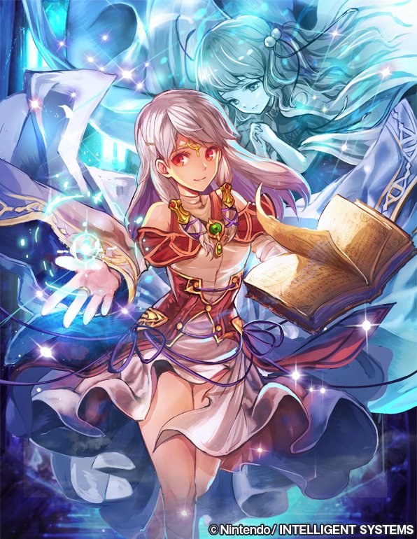 aura bare_legs bare_shoulders book english_text female_only femdom femsub fire_emblem fire_emblem_cipher fire_emblem_radiant_dawn ghost glowing grey_hair happy_trance jewelry legs long_hair magic micaiah nij_24 nintendo official possession red_eyes smile source_request spoilers text yune