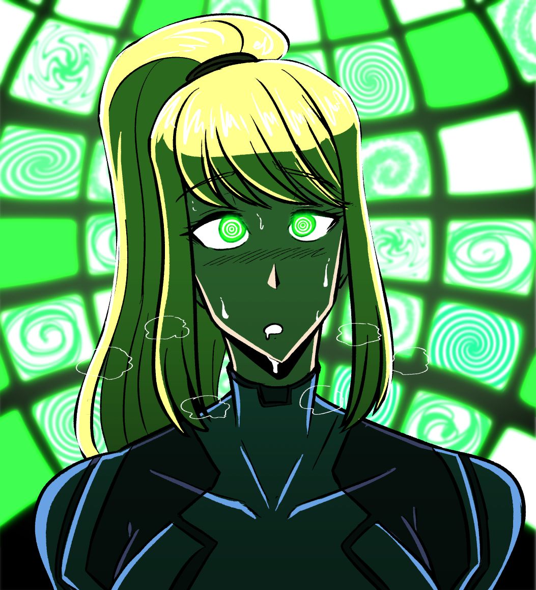 blonde_hair blush bodysuit breath clothed collarbone expressionless eyebrows_visible_through_hair female_only femsub glowing glowing_eyes green_eyes hypnotic_screen long_hair majinsfw metroid_(series) nintendo ponytail ring_eyes samus_aran solo spiral sweat