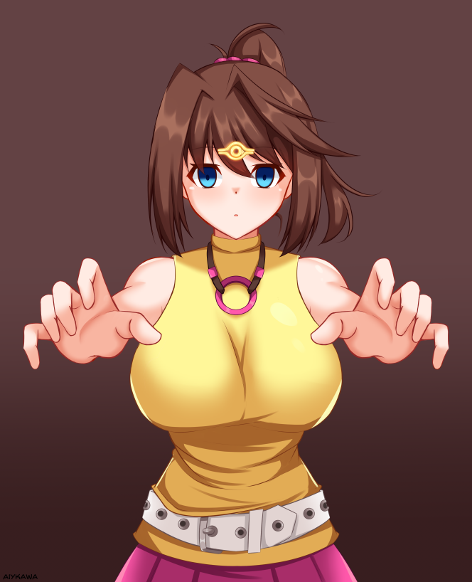 blue_eyes brown_hair control_indicator empty_eyes expressionless female_only femsub large_breasts magic signature simple_background solo tea_gardner yakai yu-gi-oh! zombie_walk