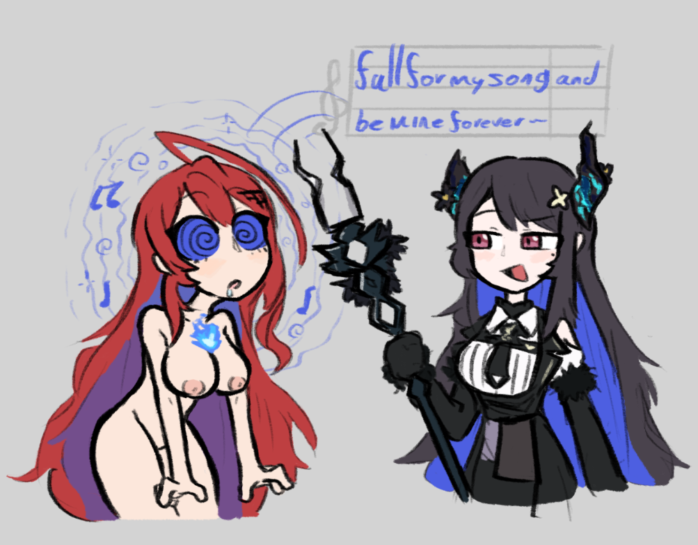 ahoge black_hair blue_eyes breasts drool elizabeth_rose_bloodflame female_only femdom femsub grey_background hololive hololive_english horns hypnotic_audio long_hair nerissa_ravencroft nipples nude open_mouth original red_eyes red_hair simple_background skecchyartist spiral spiralwash_eyes staff text virtual_youtuber