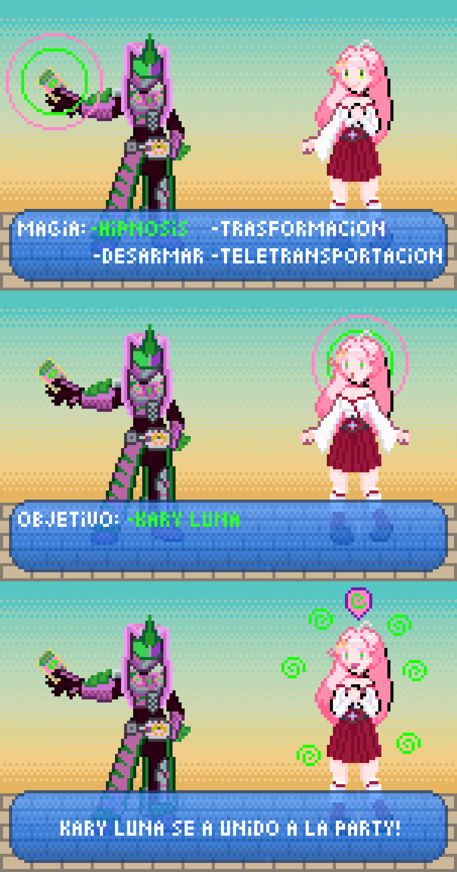 armor card femsub gameplay_mechanics green_eyes happy_trance hypnovember kamen_rider kary_luna kimono magic nyarukavt nyarupix_thotep pink_hair pixel_art spanish_text spiral text translation_request virtual_youtuber white_skin