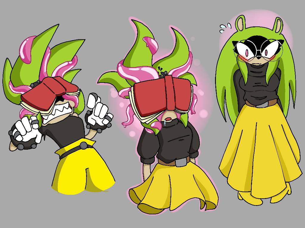 alternate_hairstyle androgynous_dom aura blush book brain_drain breasts drool femsub furry glasses glowing grey_background long_hair nerd nerdification ringtailedhero sequence simple_background skirt slime sonic_the_hedgehog_(series) surge_the_tenrec tentacles transformation
