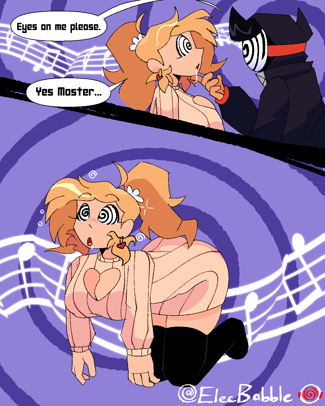 black_hair bliss_(elecbabble) blonde_hair cleavage cleavage_cutout dialogue drool earrings elecbabble femsub floating hand_on_another's_cheek huge_breasts long_hair mask music open_mouth original ponytail signature sparkle speech_bubble spiral spiral_background spiralwash_eyes sweater text thighhighs x_(elecbabble)