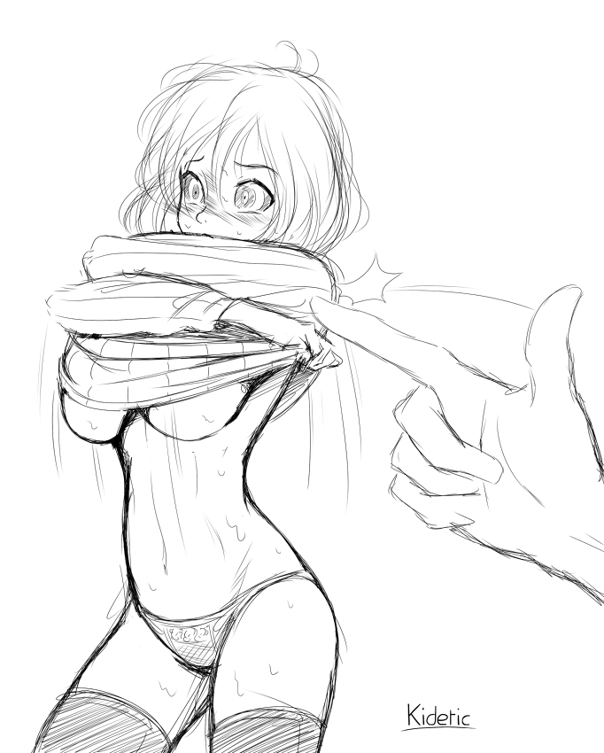 blush breasts femsub greyscale kaa_eyes kidetic large_breasts monochrome original panties short_hair sketch sweat sweater thighhighs trigger underwear undressing