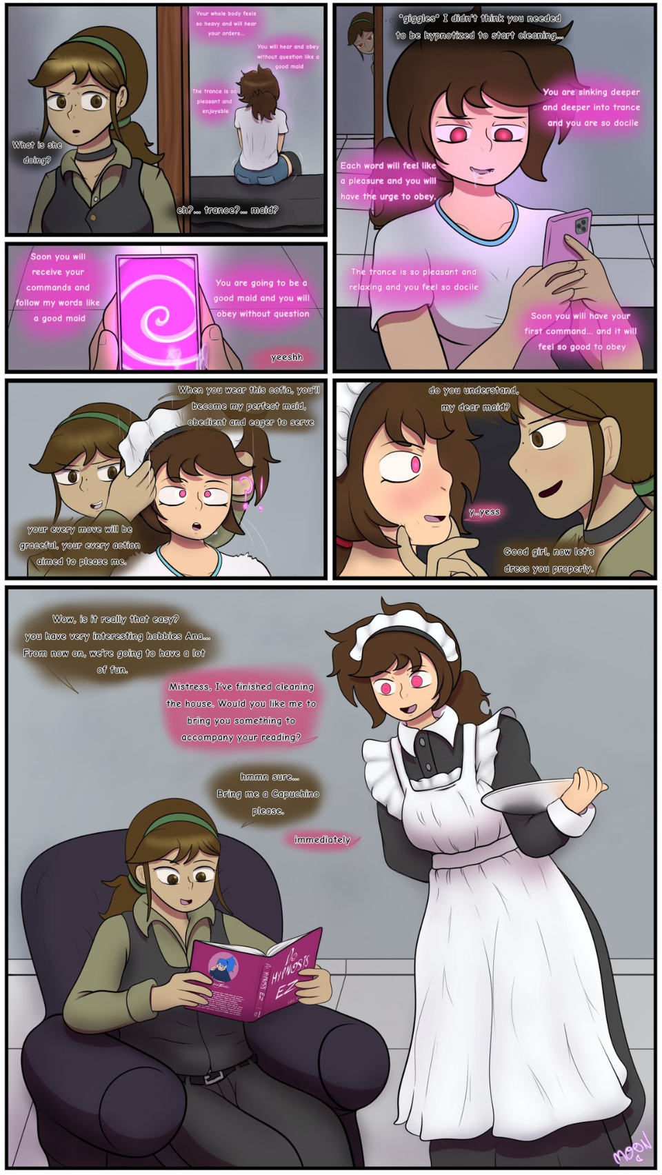 accidental_hypnosis bow brown_eyes chin_hold comic dialogue drool female_only femdom femsub happy_trance m00n_key maid maid_headdress original pink_eyes ponytail sitting tech_control text