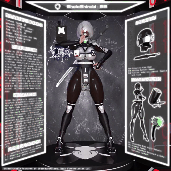 3d animated animated_gif bodysuit drone dronification english_text female_only femsub high_heels ibex-cg large_ass large_breasts nier_automata shotoshinobi_(ibex-cg) text visor white_hair yorha_no._2_type_b