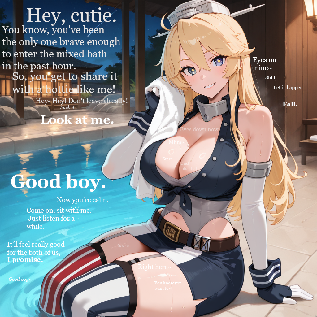 ai_art bare_shoulders blonde_hair blue_eyes breasts caption cleavage clothed dialogue english_text femdom gloves good_sub_conditioning hat hot_spring iowa_(kantai_collection) kantai_collection large_breasts looking_at_viewer manip midriff navel night opera_gloves outdoors pov pov_sub robespierre_(manipper) sitting smile symbol_in_eyes text thick_thighs thighhighs towel very_long_hair
