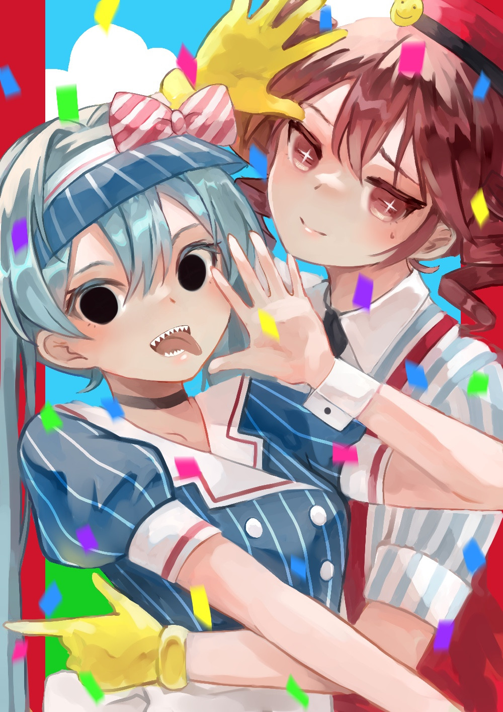 blue_hair choker collarbone cuffs empty_eyes female_only femsub gloves hat hayayon long_hair looking_at_viewer mesmerizer_(vocaloid) miku_hatsune multiple_girls open_mouth red_hair sharp_teeth shirt short_hair smile symbol_in_eyes tagme teto_kasane tie tongue tongue_out twintails vocaloid