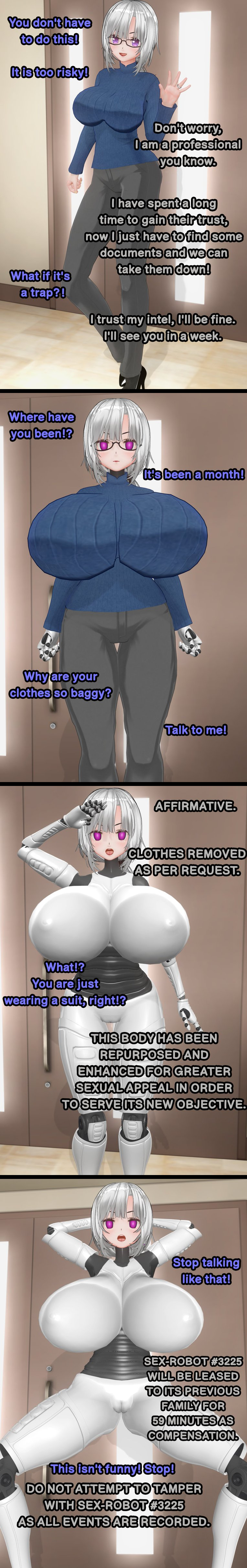 absurdres arms_above_head bad_end breast_expansion calusteri clothed confused dialogue empty_eyes english_text expressionless femsub glasses huge_breasts original purple_eyes pussy robot robot_girl robotization ruined_life saluting short_hair squatting text white_hair