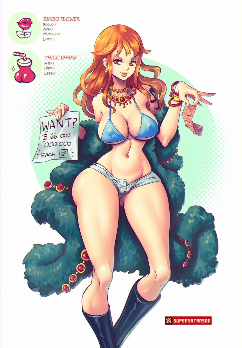 bikini bimbofication boots breasts cleavage clothed_exposure condom earrings huge_breasts jewelry large_breasts long_hair micro_bikini midriff nami_(one_piece) necklace one_piece orange_eyes orange_hair shorts supersatanson tattoo text