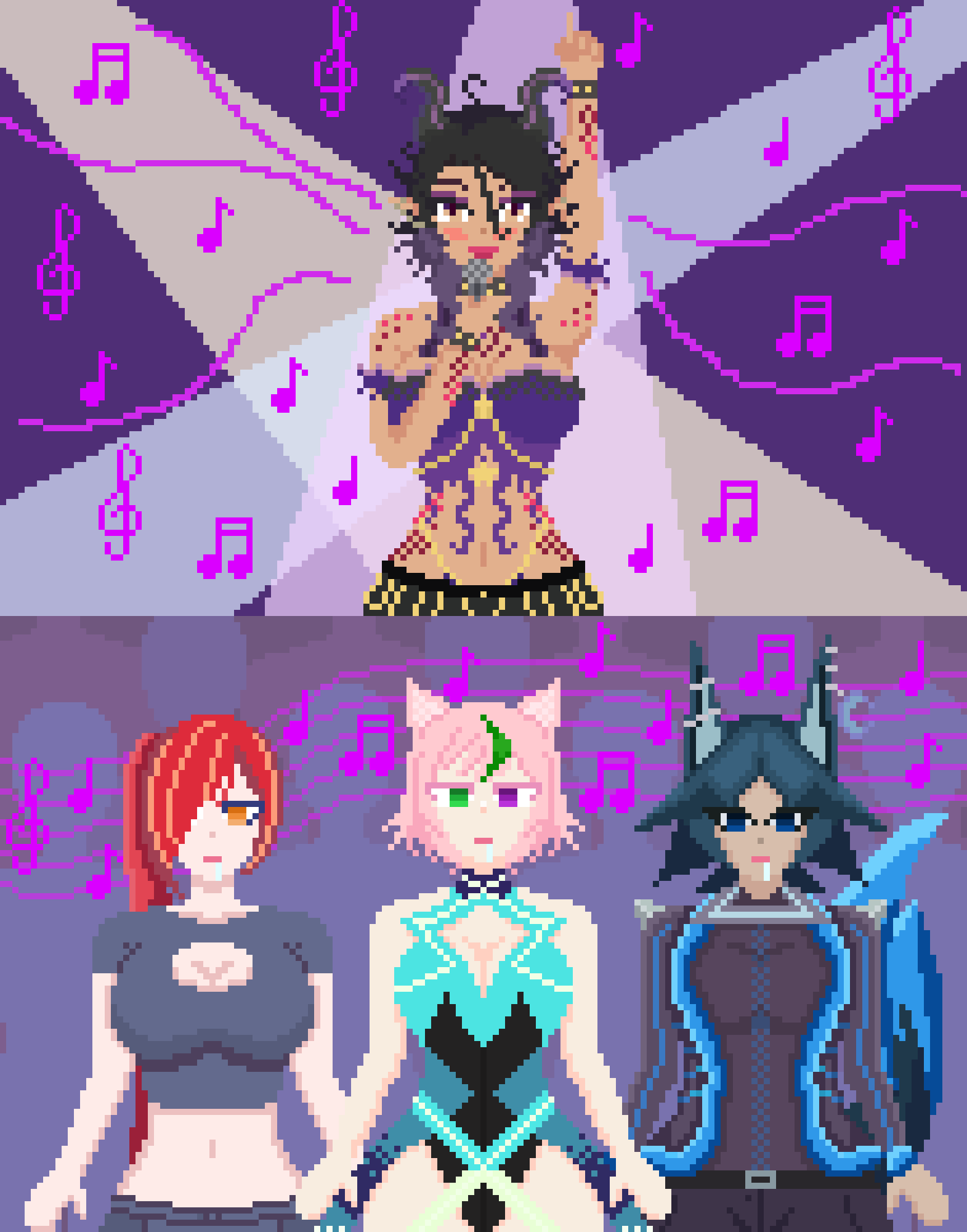 alien_girl black_skin blue_eyes blue_hair cat_girl dog_ears dog_girl dragon_girl empty_eyes green_eyes green_hair hypnotic_music hypnovember jacket ku_thuga maruchanvt microphone music nyaruka_thotep nyarukavt orange_eyes original pink_hair pixel_art purple_hair red_hair singing tail tyndra_hound white_hair