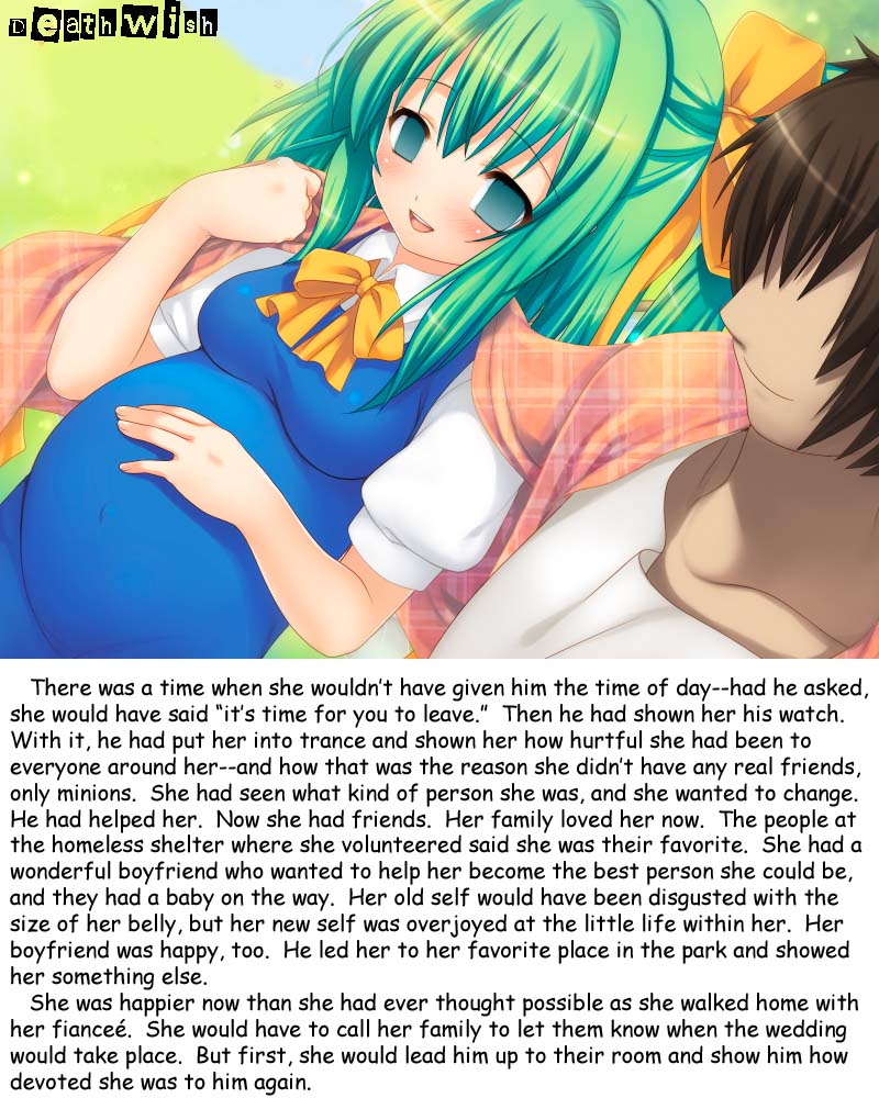 caption daiyousei deathwish_(manipper) empty_eyes femsub green_hair happy_trance long_hair maledom manip pregnant text touhou