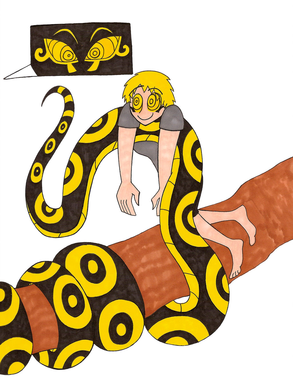 barefoot blonde_hair charlotte199056 haphus_mun_rah happy_trance hypnotic_eyes limp malesub original ring_eyes smile snake white_background yellow_eyes