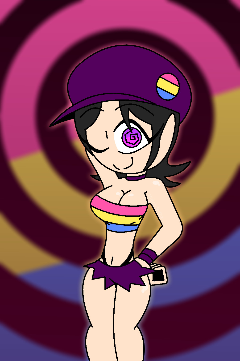 adeleine aged_up arm_bands arms_above_head arms_behind_back bare_legs bare_shoulders black_hair choker cleavage crop_top elf_ears eyebrows_visible_through_hair female_only femsub hand_on_hip hat hypnoscream hypnotized_hypnotist kirby_(series) looking_at_viewer midriff one_eye_open pansexual pov pov_sub pride_colors ring_background short_shorts simple_background smile solo spiral_eyes symbol_in_eyes thick_thighs wink