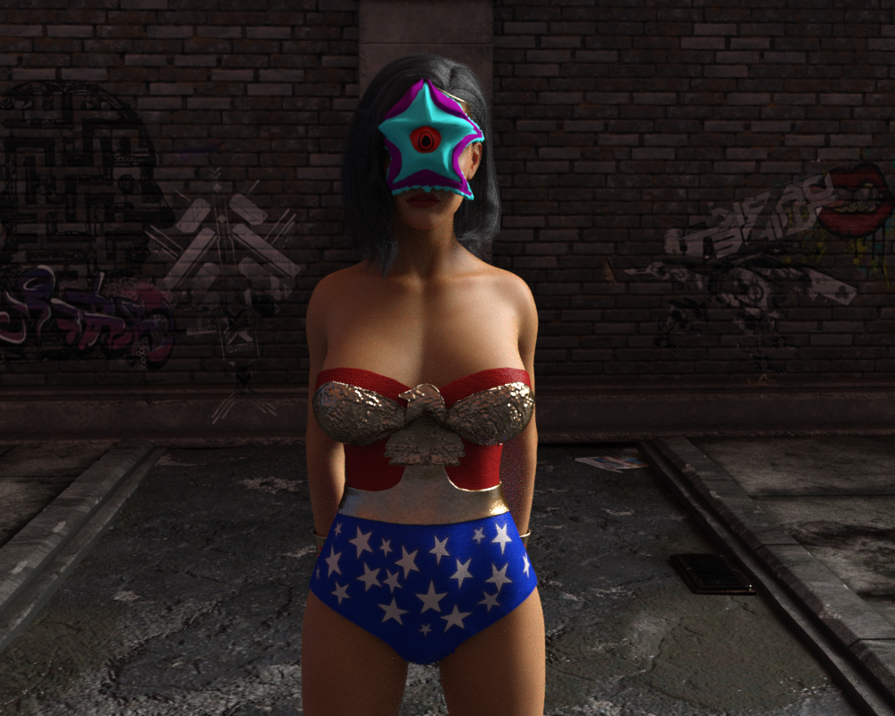 3d alien arms_behind_back black_hair breasts cleavage dc_comics exposed_chest expressionless female_only femsub hypnovideotoo leotard lipstick long_hair parasite solo standing starro wonder_woman