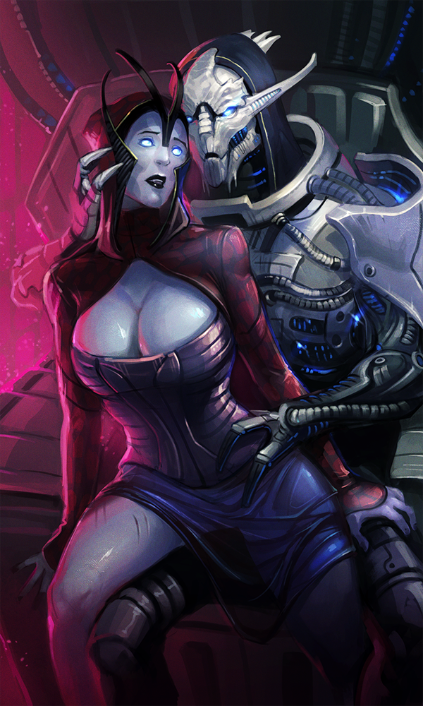 alien alien_boy alien_girl asari blue_skin breasts cleavage femsub glowing glowing_eyes larbesta large_breasts malesub mass_effect matriarch_benezia multiple_subs saren_arterius sitting