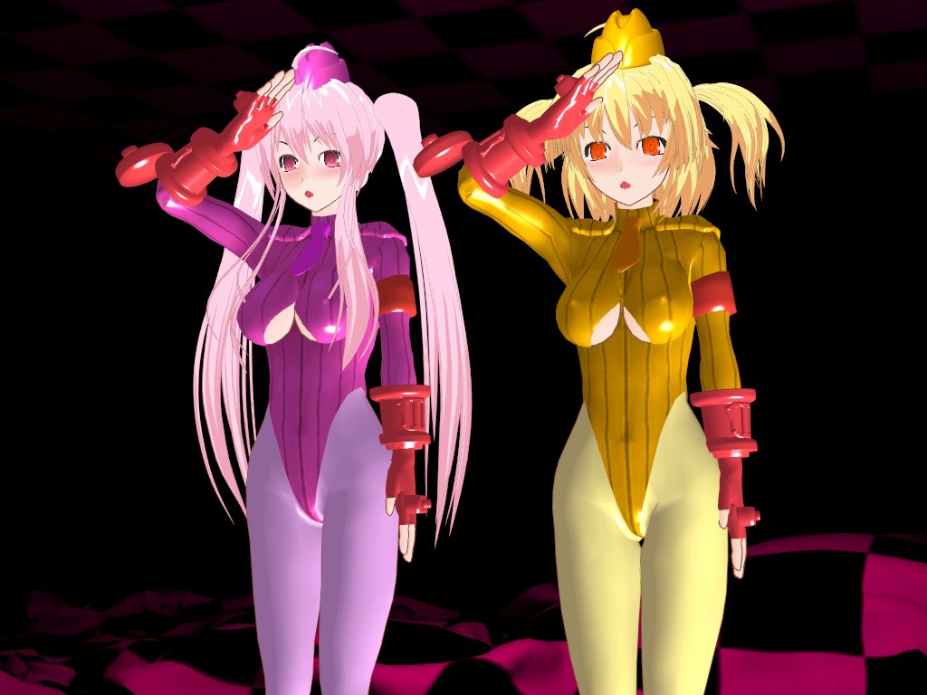 3d 3d_custom_girl arex9 arm_bands bangs black_background blonde_hair cherry_(ts_mahou_shoujo_nao!) crossover empty_eyes femsub fingerless_gloves flare_(ts_mahou_shoujo_nao!) gloves hat leggings leotard orange_eyes pink_eyes pink_hair saluting shadaloo_dolls short_hair shoulder_pads standing street_fighter tie ts_mahou_shoujo_nao! twintails underboob