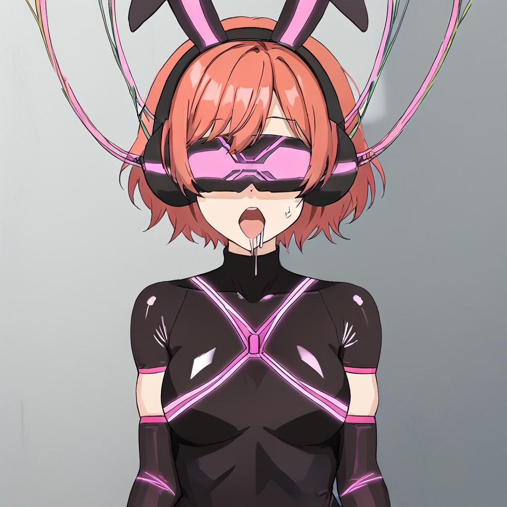 ai_art blush brain_drain breasts cables corruption drool gloves grey_background headphones hypnovideotoo latex open_mouth opera_gloves orange_hair rubber short_hair simple_background sweat t-shirt tech_control tongue_out visor wires