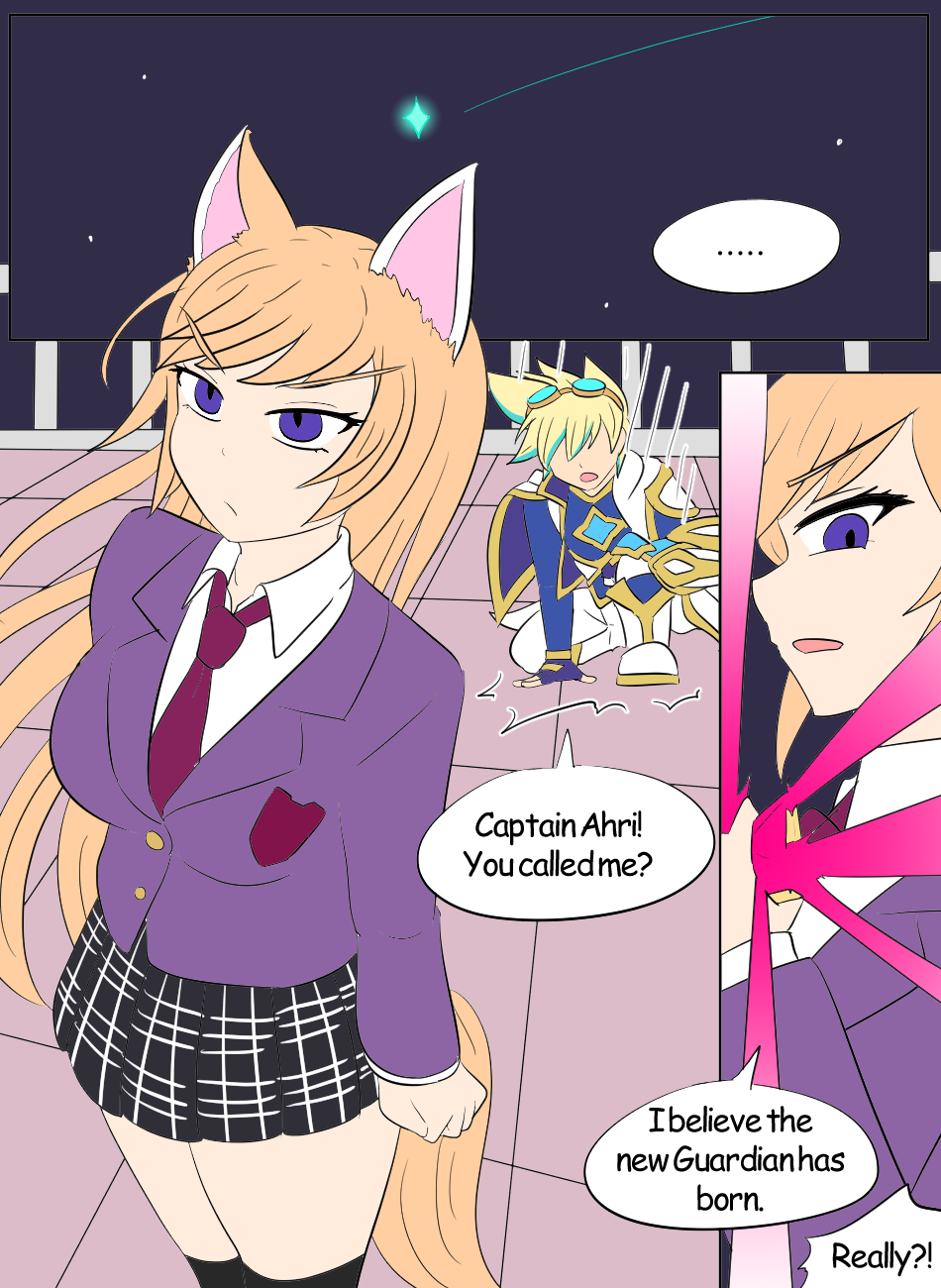 ahri_(league_of_legends) alternate_costume alternate_hair_color blonde_hair blue_eyes breasts comic crystal dialogue english_text ezreal_(league_of_legends) fingerless_gloves fox_ears gloves glowing goggles goggles_on_head kitsune_girl kneeling league_of_legends long_hair looking_at_viewer magical_girl open_mouth orange_hair outdoors purple_eyes short_hair skirt speech_bubble standing text thighhighs thighs vel