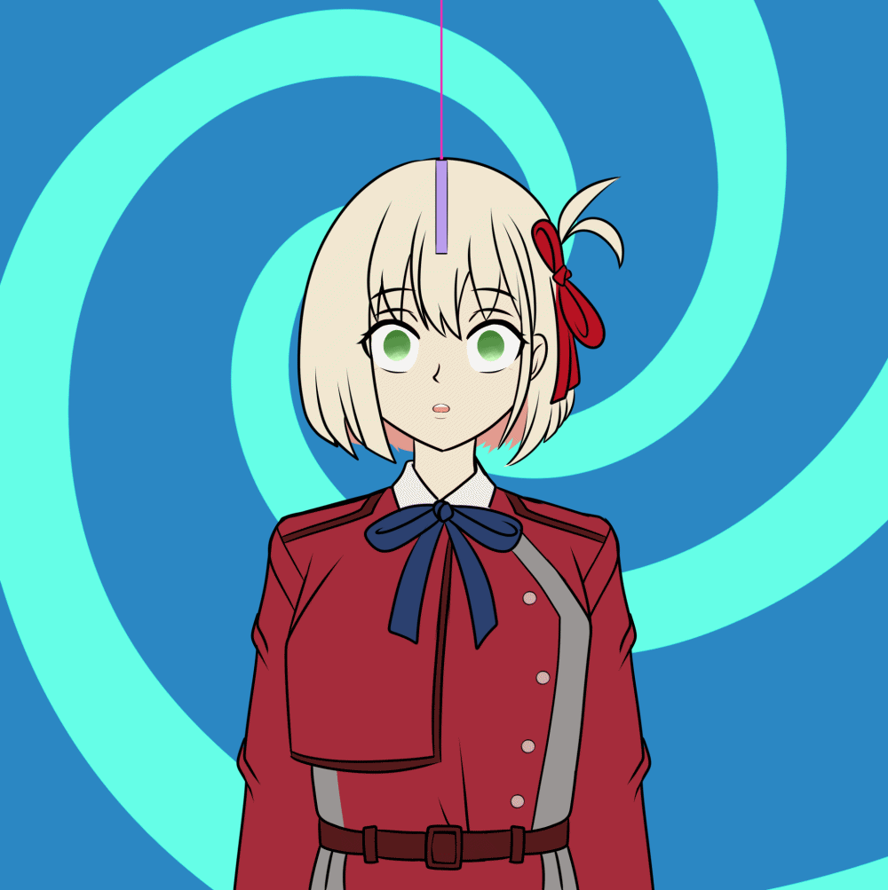 animated animated_gif blonde_hair coin dazed drool empty_eyes expressionless female_only femsub green_eyes hair_ornament hair_ribbon katsiika lycoris_recoil nishikigi_chisato open_mouth ribbon short_hair