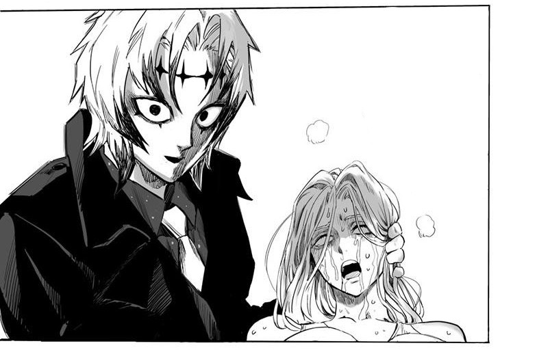 apollo_(one_punch_man) dialogue drool english_text eye_roll femsub large_breasts limp long_hair maledom one_punch_man psychic psykos_(one_punch_man) restrained sitting sweat tank_top tears text white_hair whitewash_eyes