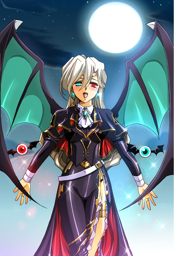 alternate_costume blue_eyes blush breasts clothed corruption earrings empty_eyes eye_color_change femsub floating heterochromia hisho jewelry langrisser liffany_(langrisser_iii) looking_at_viewer night open_mouth red_eyes ring sparkle thighs very_long_hair white_hair wings