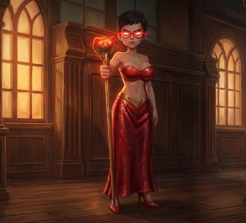 ai_art bare_shoulders black_hair bra breasts carmen_sandiego cleavage clothed dress female_only femsub glasses glowing glowing_eyes happy_trance harem_outfit high_heels hypnotic_accessory hypnotized_hypnotist julia_argent_(carmen_sandiego) looking_at_viewer midriff red_dress red_eyes short_hair smirk solo sparkle staff standing zupern0va_(manipper)