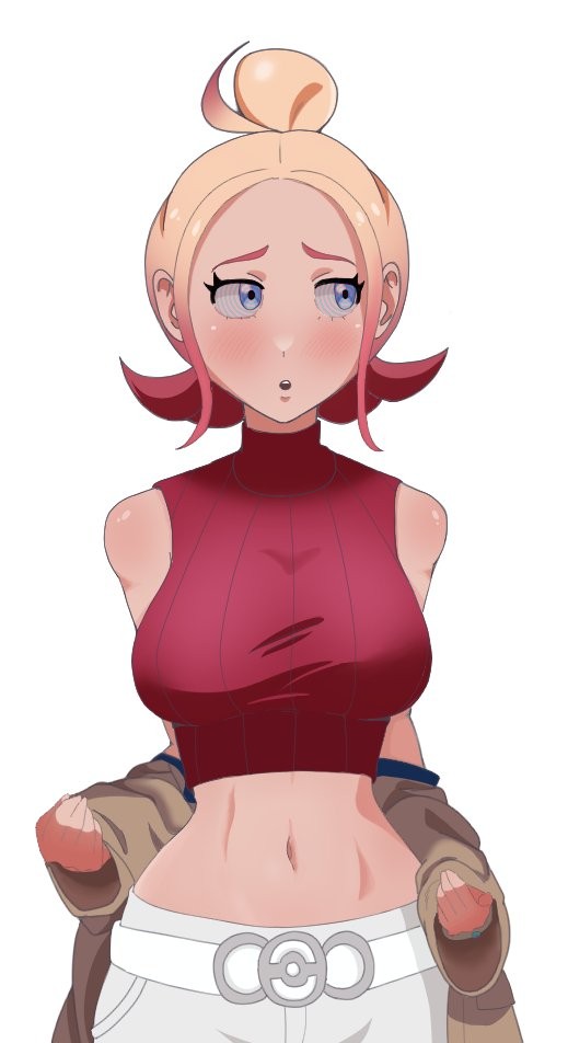 blonde_hair blue_eyes blush bodoipo clothed crop_top female_only femsub jacket manip master226_(manipper) midriff nintendo pokemon pokemon_legends_z-a shorts simple_background single_hair_bun spiral_eyes sweater tank_top taunie_(pokemon) undressing white_background