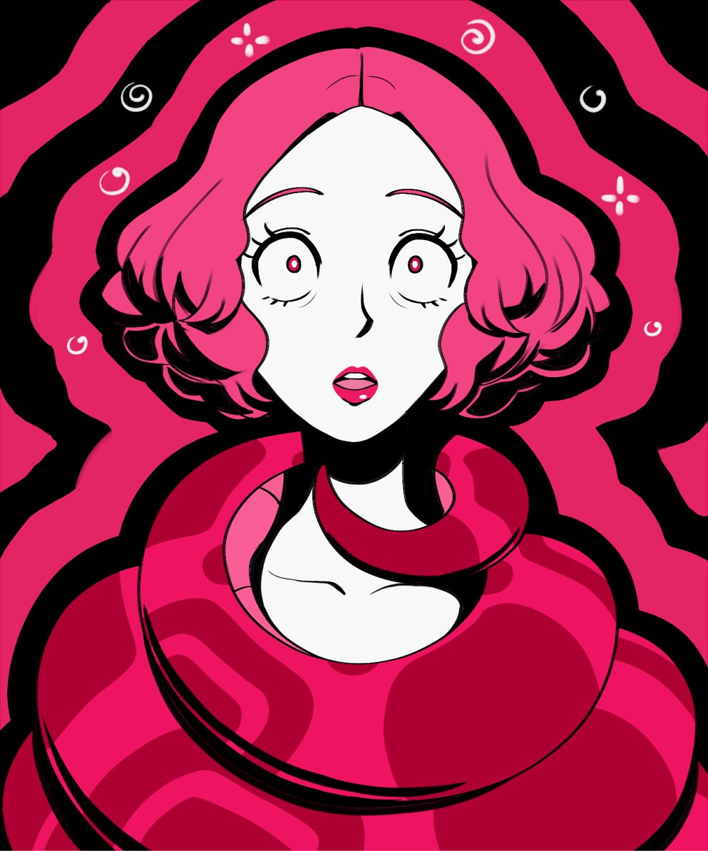 brown_hair coils collarbone female_only femsub haru_okumura lipstick looking_at_viewer open_mouth persona_(series) persona_5 pink_eyes plsgts short_hair shrunken_irises simple_background snake solo