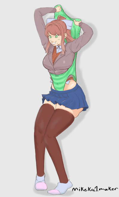 brown_hair clothed doki_doki_literature_club female_only femsub green_eyes monika panties panties_on_head self_wedgie solo wedgie