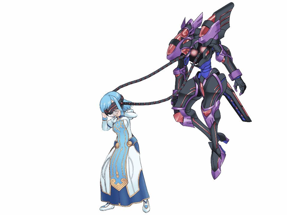 animated animated_gif bangs blue_hair boots brain_injection corruption dress female_only femsub lavietta_(nise_nagi) nise_nagi nun open_mouth original resisting robot short_hair simple_background solo tech_control visor white_background wires