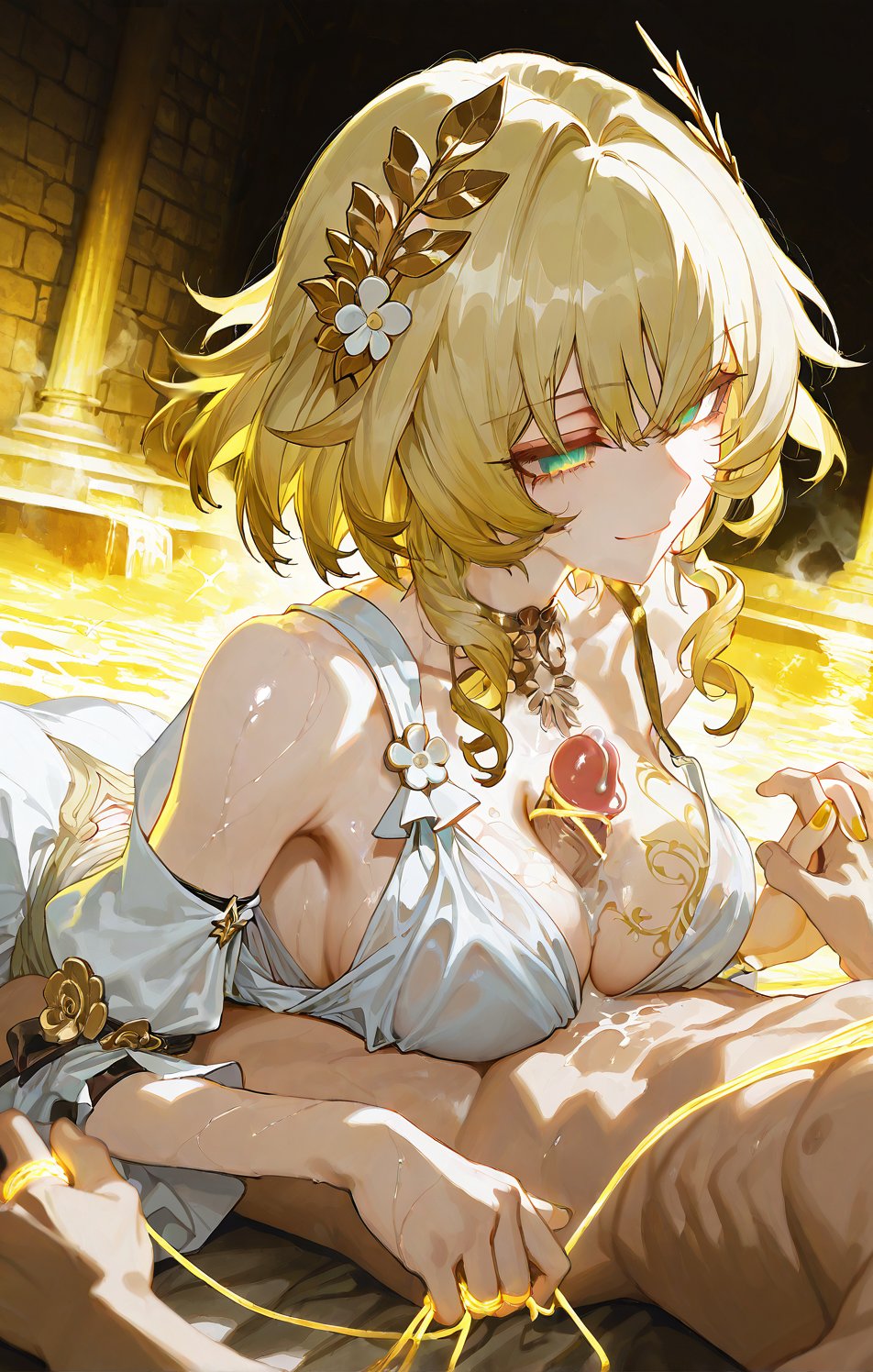 abs aglaea_(honkai_star_rail) ai_art bare_shoulders blonde_hair body_control bottomless breasts cleavage dress faceless_male femdom glowing green_eyes holding_hands honkai_star_rail human_puppet malesub midriff nail_polish nude paizuri penis puppet rediosw_(generator) restrained short_hair