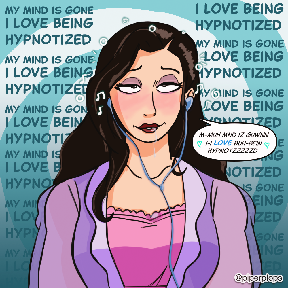 asami_sato avatar_the_last_airbender black_hair dazed dialogue drool earbuds eye_roll femsub happy_trance legend_of_korra long_hair mantra pajamas piperplops self_hypnosis spiral_background text