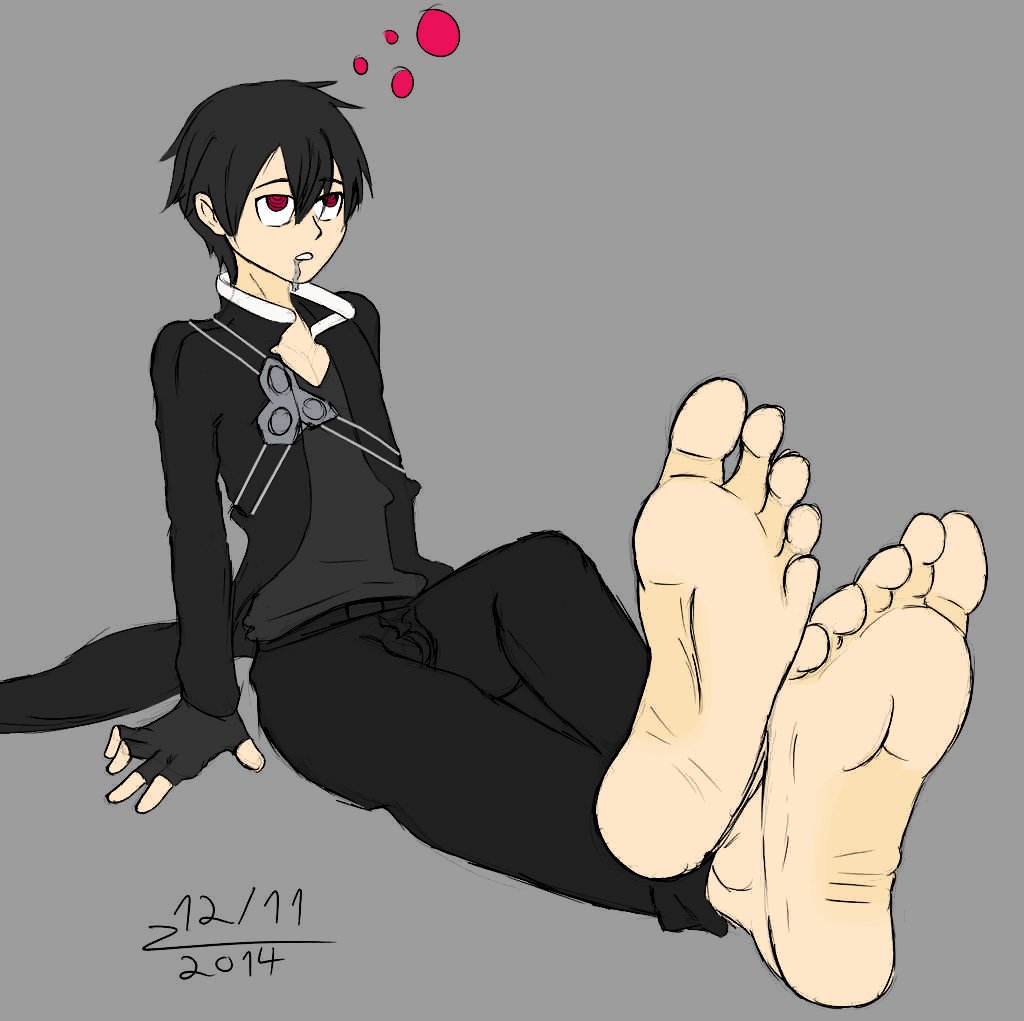 barefoot black_hair clothed drool eye_color_change feet fingerless_gloves foot_focus fris_art gloves grey_background kirito male_only malesub pants red_eyes rutilus short_hair simple_background sitting solo sword_art_online