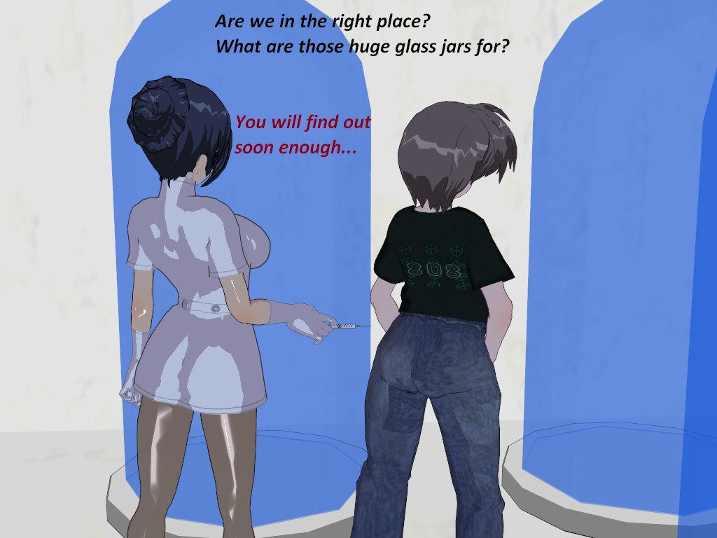 3d black_hair flamekin gloves grey_hair jeans large_breasts nurse pantyhose shirt short_hair single_hair_bun stasis_tank syringe text