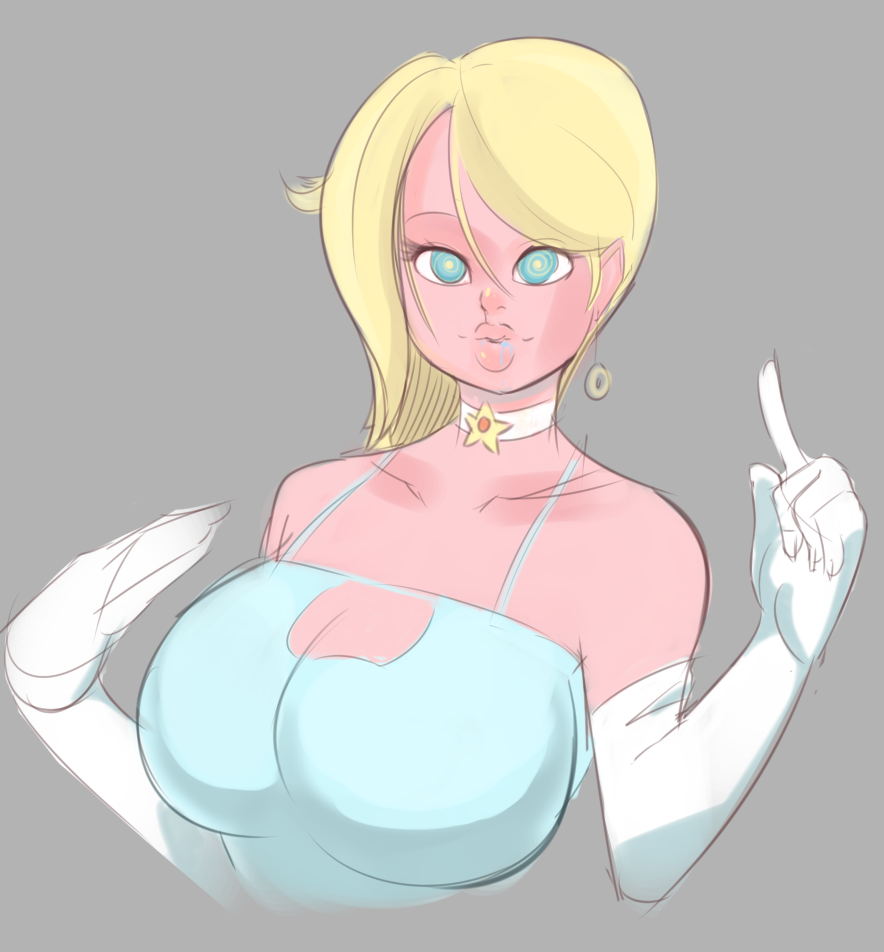 bimbofication bluebaboo breasts choker drool earrings gloves glowing glowing_eyes jewelry large_breasts long_hair nintendo princess princess_rosalina super_mario_bros.