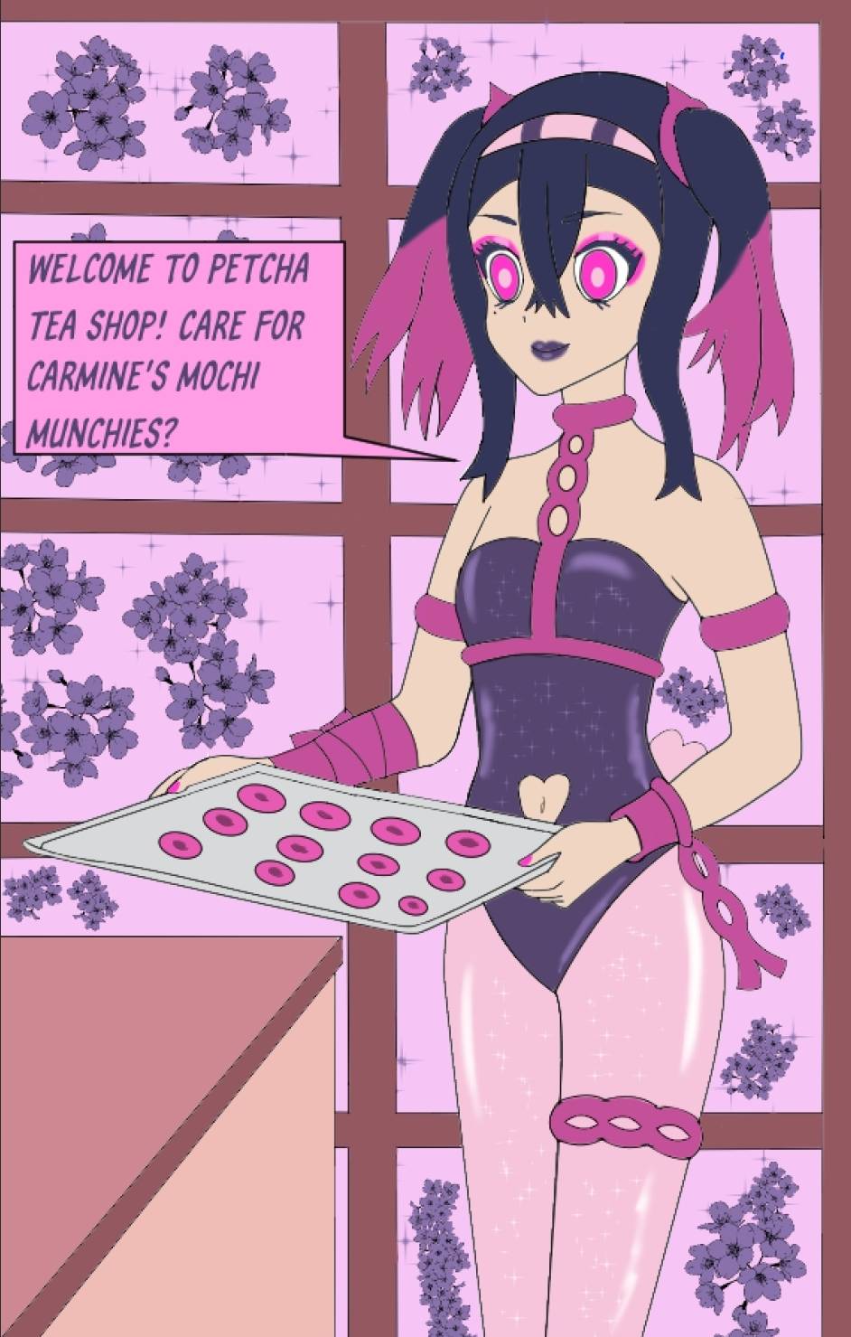 alternate_costume alternate_hairstyle androgynous_dom black_hair bunnysuit carmine_(pokemon) chains choker clothed dialogue english_text eye_color_change femsub food hair_color_change hypnotic_food leotard lipstick lunar-worx makeup malignant_chain nail_polish navel nintendo pecharunt pink_eyes pokemon pokemon_scarlet_and_violet possession purple_eyes purple_hair purple_lipstick speech_bubble story text tight_clothing tray