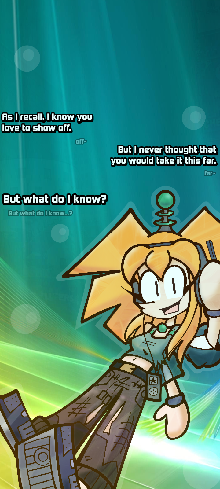 antanny_(honeymakesart) antenna aware blonde_hair headphones honeymakesart iris_(honeymakesart) looking_at_viewer original tech_control text