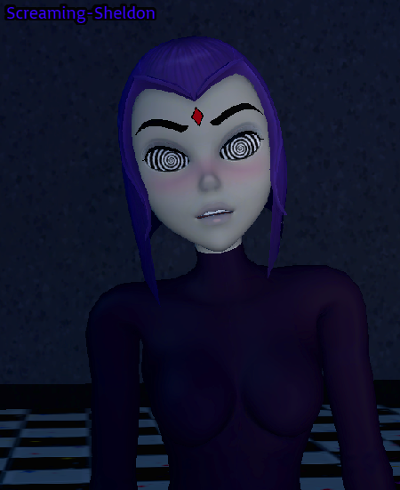 3d blush dc_comics female_only femsub grey_skin hypnoscream looking_at_viewer purple_hair raven short_hair spiral_eyes teen_titans
