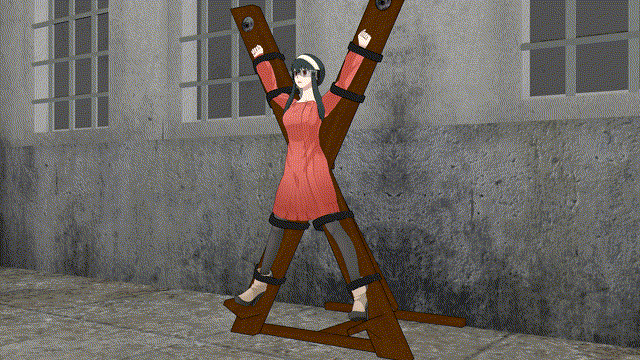 3d airmotor animated animated_gif black_hair boots clothed earrings electricity female_only femsub headband mmd pantyhose red_eyes resisting restrained spiral spy_x_family sweater tech_control visor yor_briar