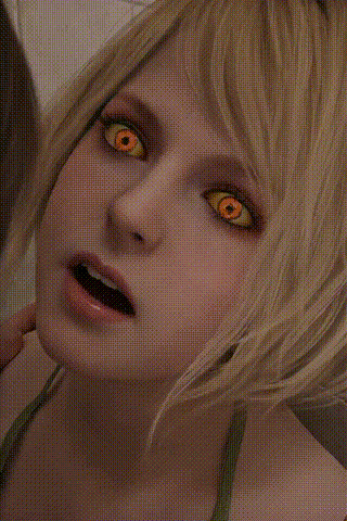 3d ads3d animated animated_gif ashley_graham blonde_hair ella_freya female_only femsub glowing_eyes nightmare_fuel open_mouth parasite red_eyes resident_evil resident_evil_4_remake resident_evil_5 short_hair solo tank_top yellow_sclera