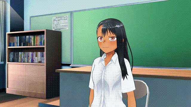 3d airmotor angry animated animated_gif bare_legs black_hair blush brown_eyes chair classroom dress_shirt earrings embarrassed eye_roll female_only femsub hair_clips hayase_nagatoro ijiranaide_nagatoro-san jewelry laughing long_hair looking_at_viewer mmd panties school_uniform shirt sleep_command slippers smug tan_skin unaware underwear white_panties