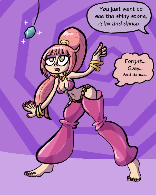 blonde_hair breasts crystal dancer dancing dazed female_only femsub happy_trance harem harem_outfit hypnotic_accessory large_breasts long_hair mythkaz original pendulum pink_hair spiral_eyes symbol_in_eyes text yume_miyuki_(kirbysuper123)