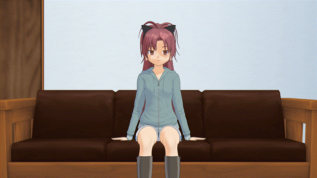 3d airmotor animated animated_gif bare_shoulders boots bow couch embarrassed eye_roll female_only femsub hoodie jacket jean_shorts kyouko_sakura looking_at_viewer midriff mmd puella_magi_madoka_magica puppet red_hair short_shorts shorts tank_top